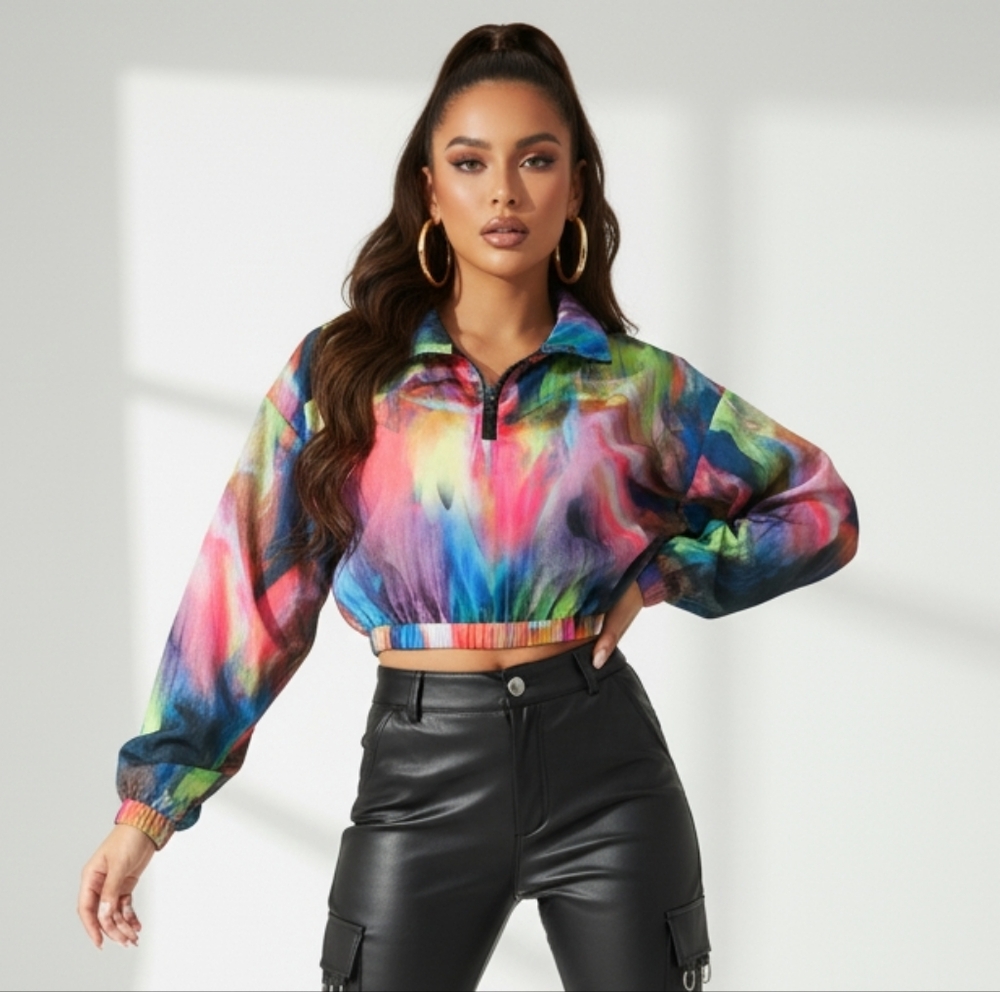 Forever 21 Cropped Neon Abstract Zip Jacket S